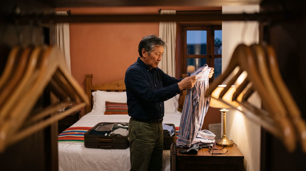 Guest holding a folded shirt to lamp light beside an open suitcase on a hotel bed