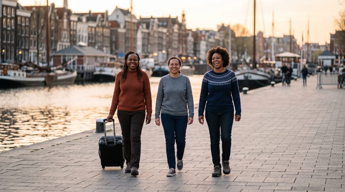 Three friends walking toward the camera on a harbor promenade at golden hour