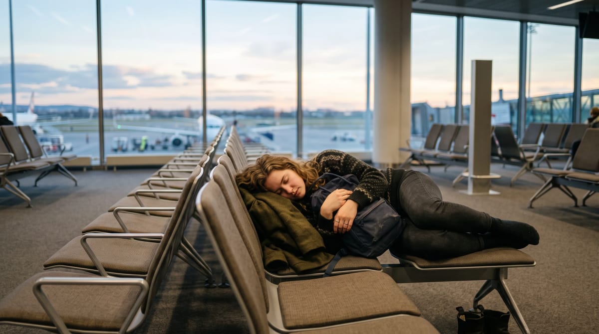 Traveler asleep across empty airport gate seats at first light