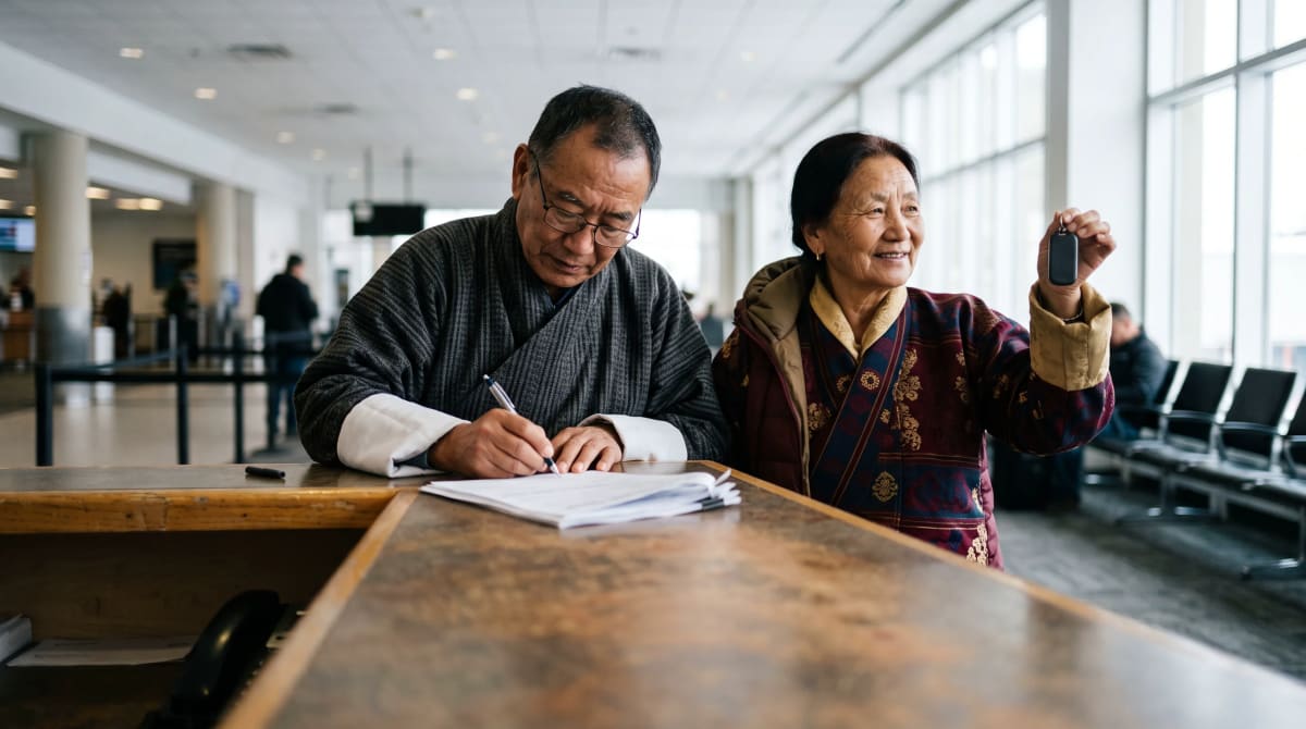 Older couple at an empty rental-car counter with blurred paperwork