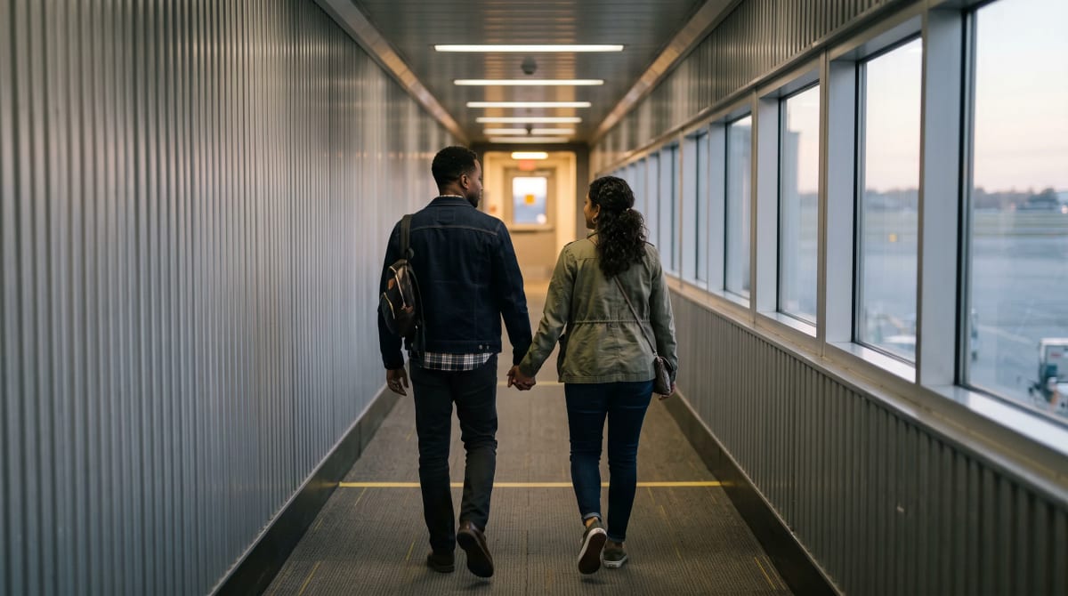 Couple walking away down an empty jet bridge