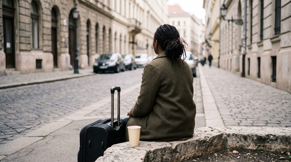 Traveler sitting on a planter at a quiet hotel curb with a roller bag