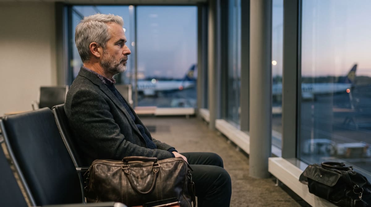 Traveler seated in profile at a calm airport gate in early morning light