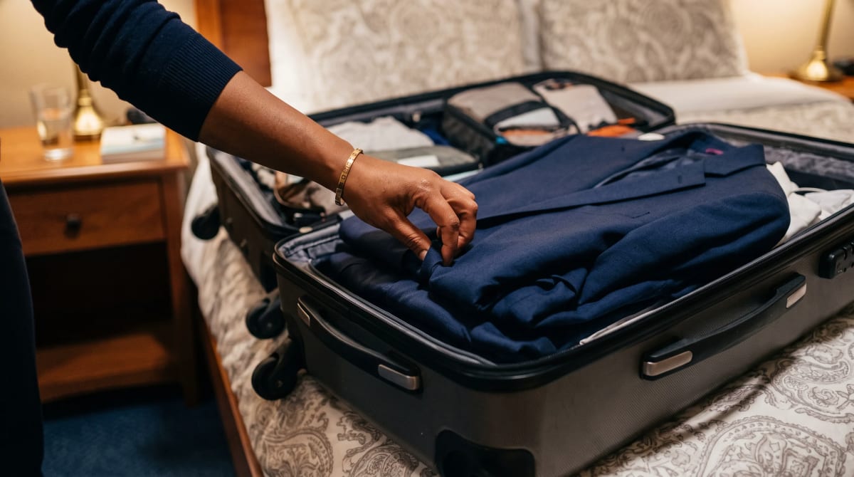Traveler folding a blazer into an open suitcase on a hotel bed