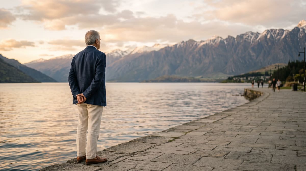 Traveler standing on a waterfront promenade looking over the water in late afternoon