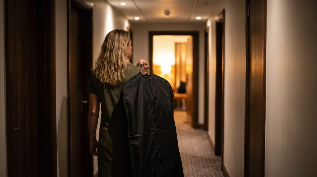 Traveler walking away down a hotel corridor late evening with a garment bag