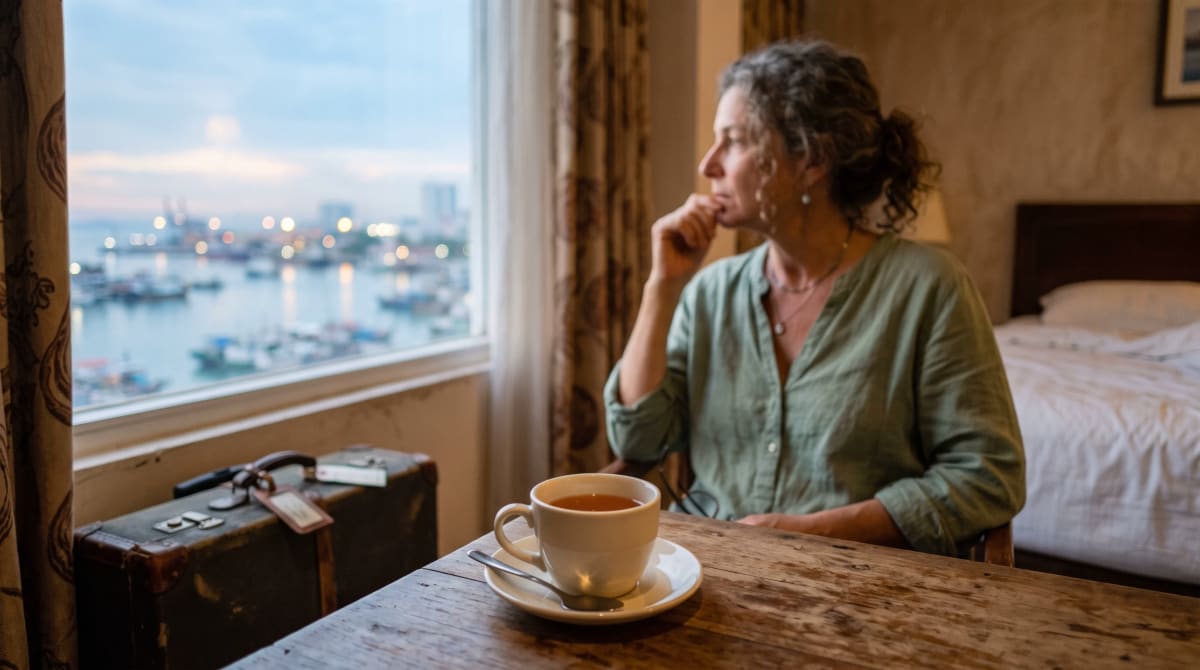 Traveler seated at a hotel-room window table with a tea cup in early morning