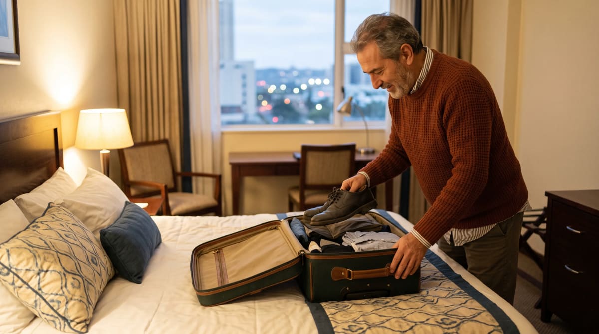 Traveler packing shoes into an open suitcase on a hotel bed in early evening lamp light