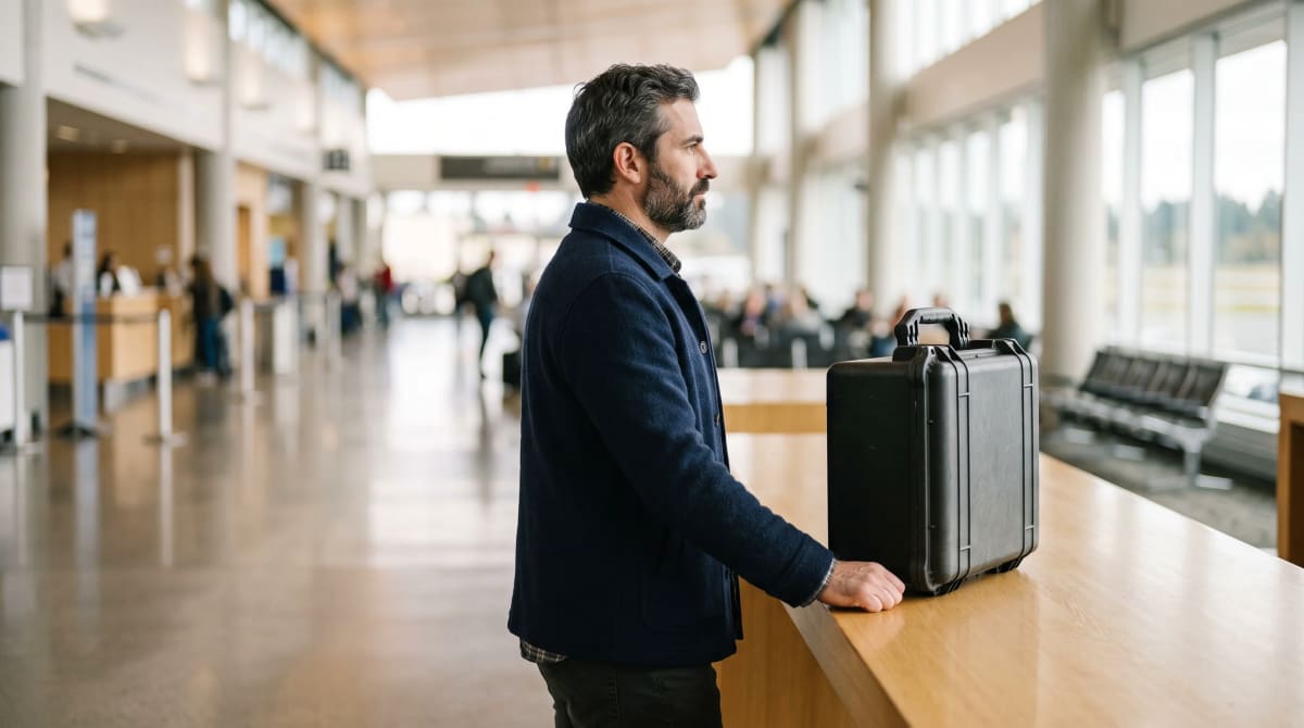 Traveler in profile at an empty rental-car counter in mid-afternoon