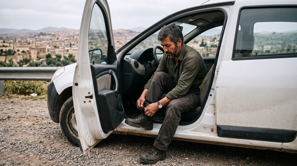 Traveler lacing a shoe in the open door of a parked car at a roadside overlook