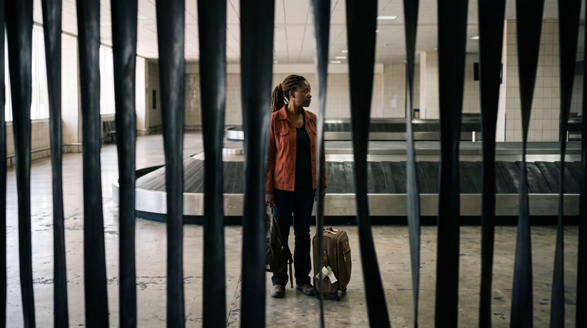 Traveler waiting at a quiet baggage carousel