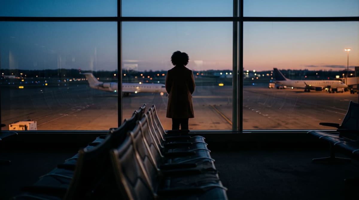 Traveler standing at an empty airport gate window at dusk