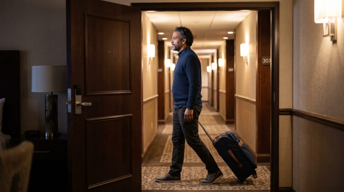 Traveler walking a hotel corridor past an open door