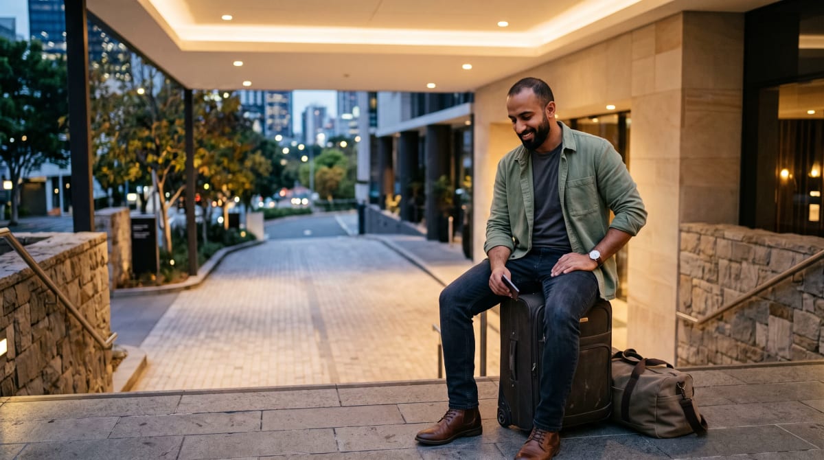 Traveler seated on a suitcase under a hotel entrance canopy