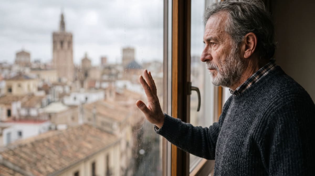 Traveler at a hotel-room window with a soft city view