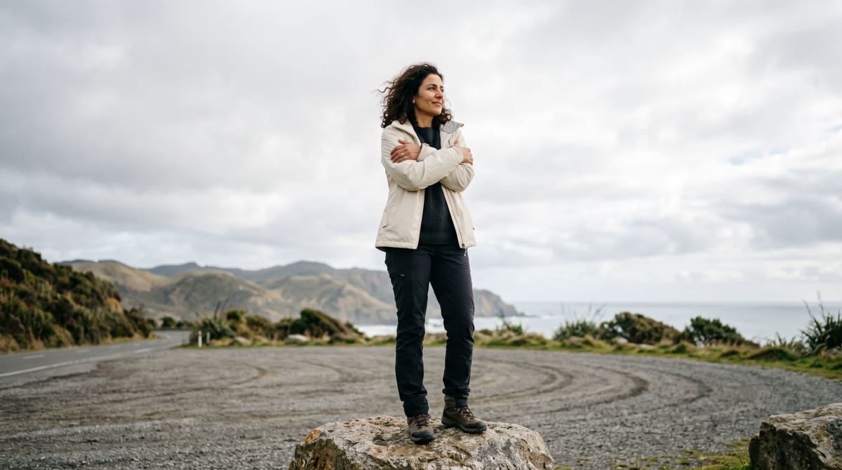 Traveler standing on a boulder at a roadside overlook