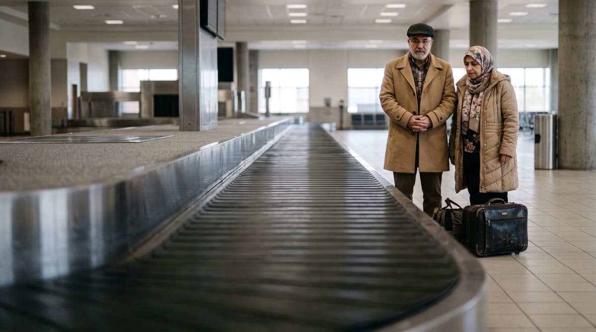 Couple waiting at the far end of an empty baggage carousel
