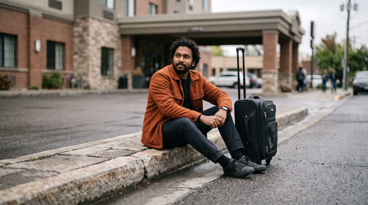 Traveler sitting on a hotel curb beside an upright suitcase