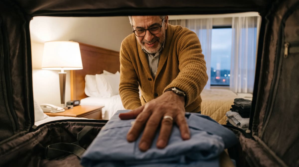 Traveler smoothing a shirt into an open suitcase on a hotel bed