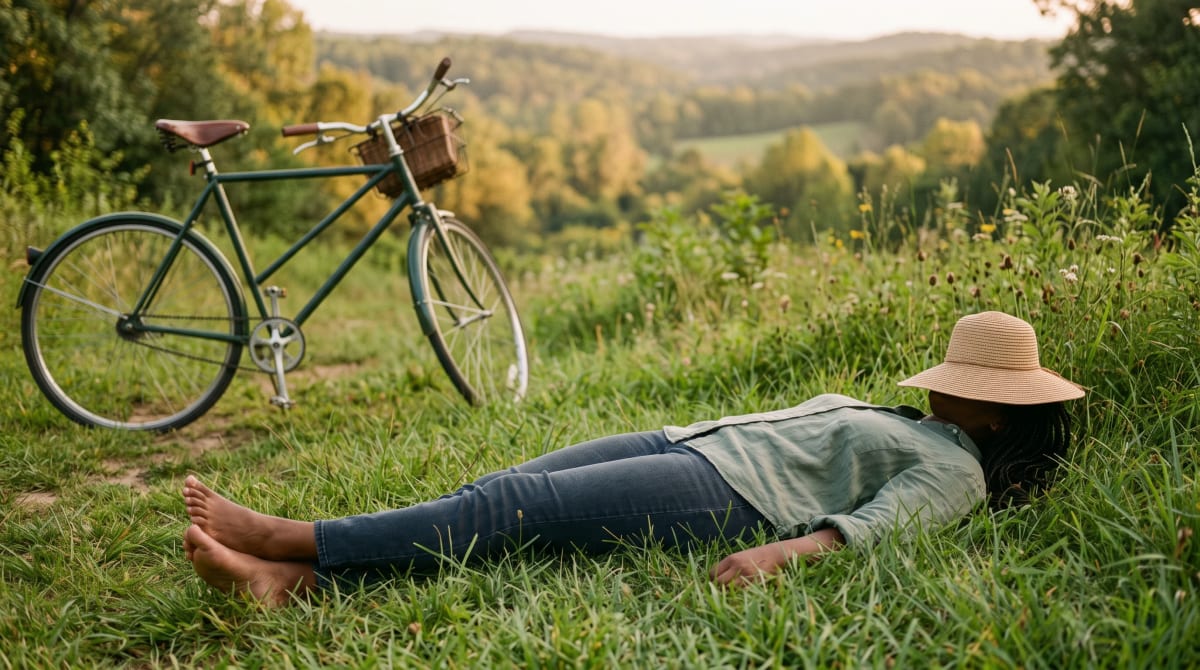 Traveler lying on overlook grass beside a bicycle with a straw hat over the face