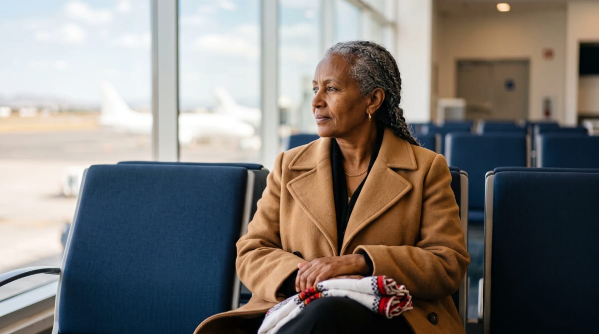 Traveler seated in an airport gate row in Querétaro, scarf in the lap