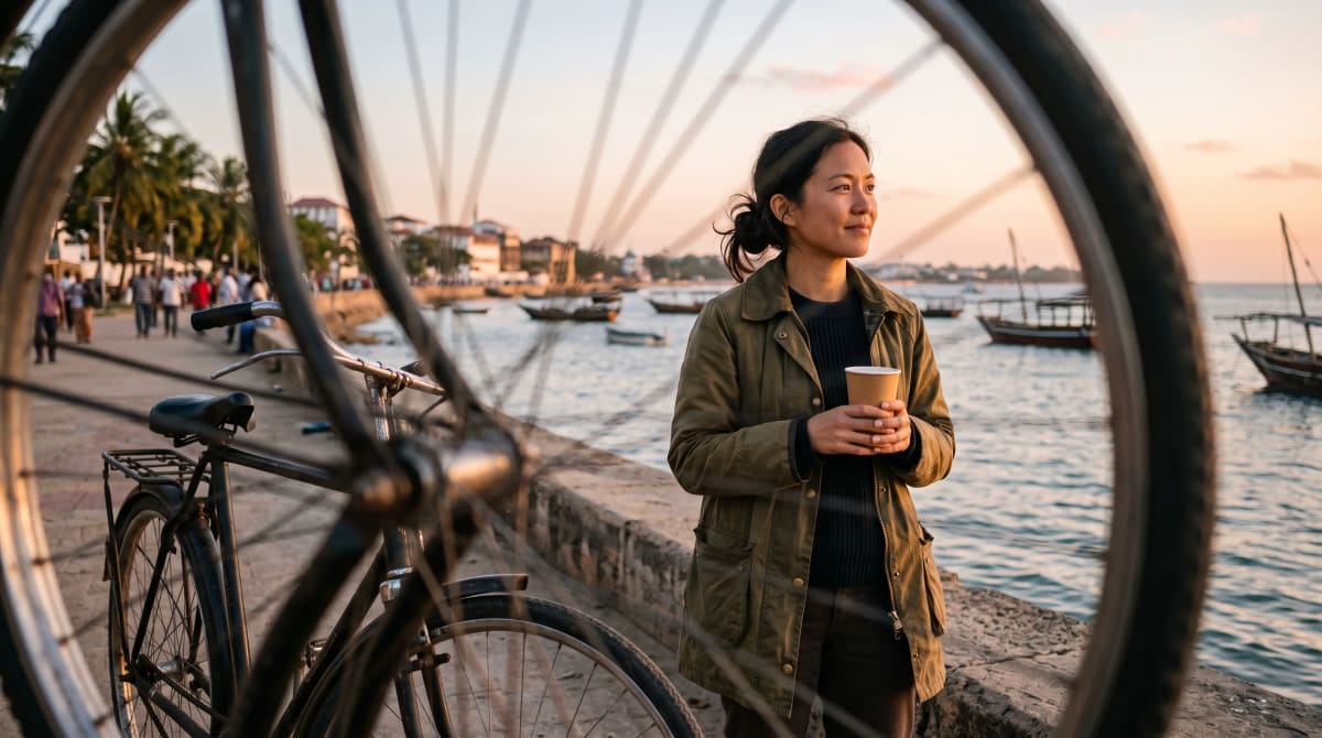 Traveler on a waterfront promenade in Mombasa, seen through a bicycle wheel