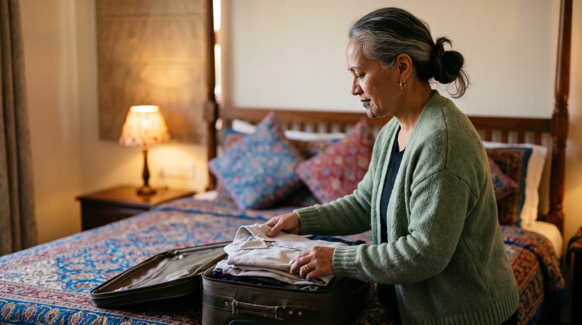 Traveler folding a shirt into a suitcase on a hotel bed in Jaipur