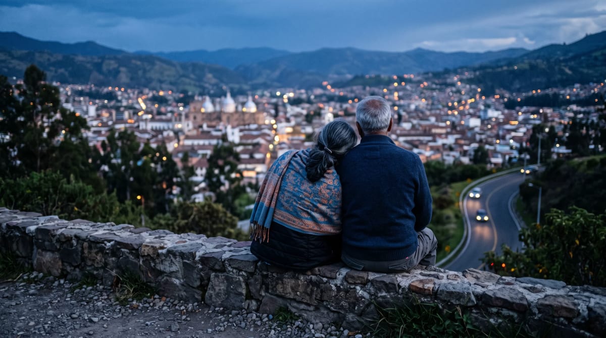 Couple on a stone wall at a roadside overlook near Cuenca