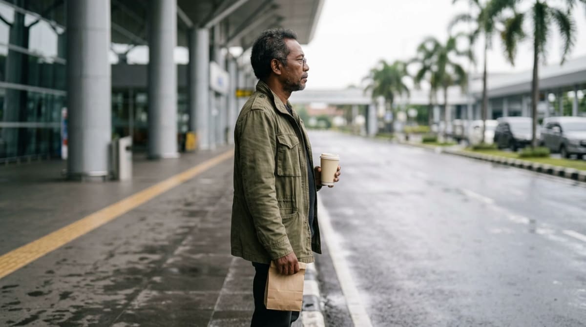 Man in an olive jacket at an uncrowded airport curb holding a paper cup and a small paper bag