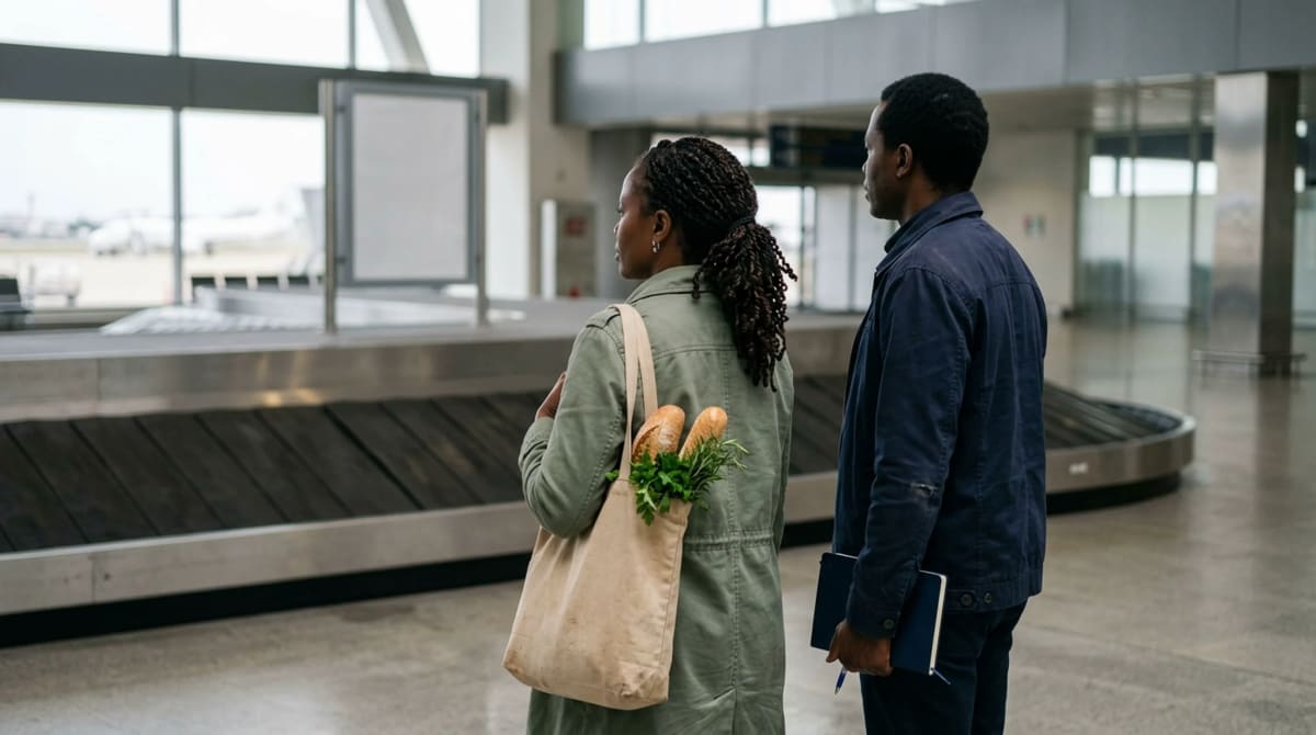 Two coworkers at a stopped baggage claim belt, one holding a canvas tote and one a closed notebook