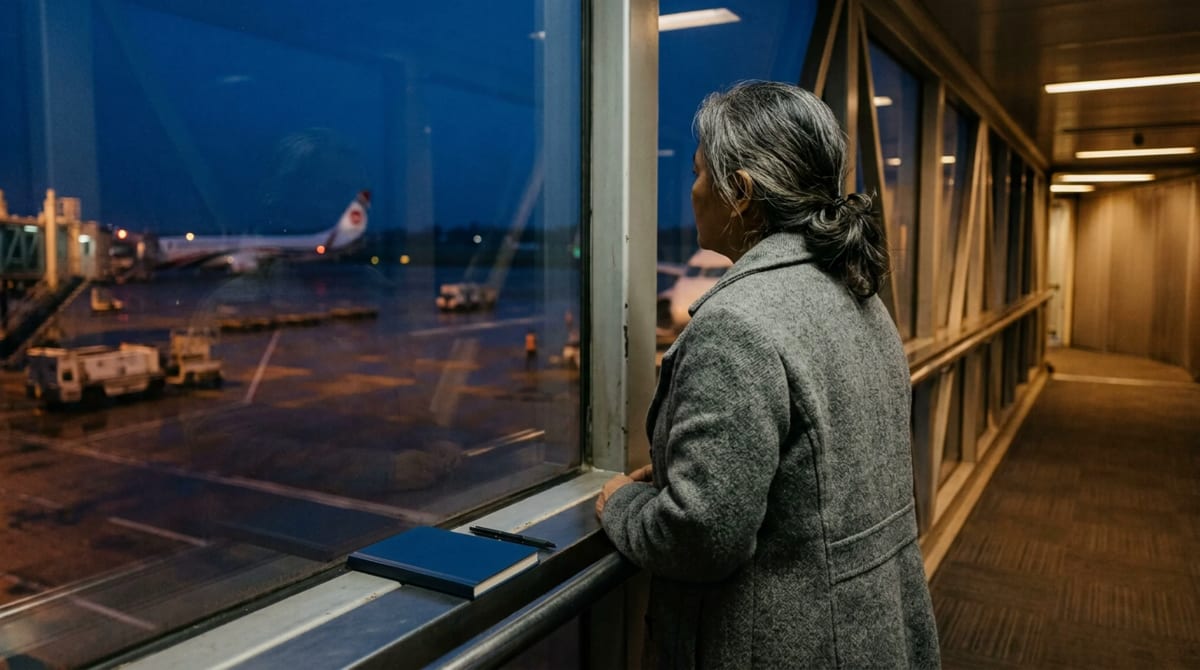 Woman in a gray coat at a jet bridge side window looking at the quiet ramp, a closed notebook face-down on the ledge