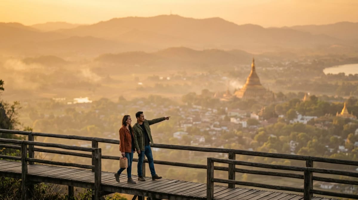 Two friends walking along a wooden viewing rail at a quiet roadside overlook, one carrying a small paper bag of apples