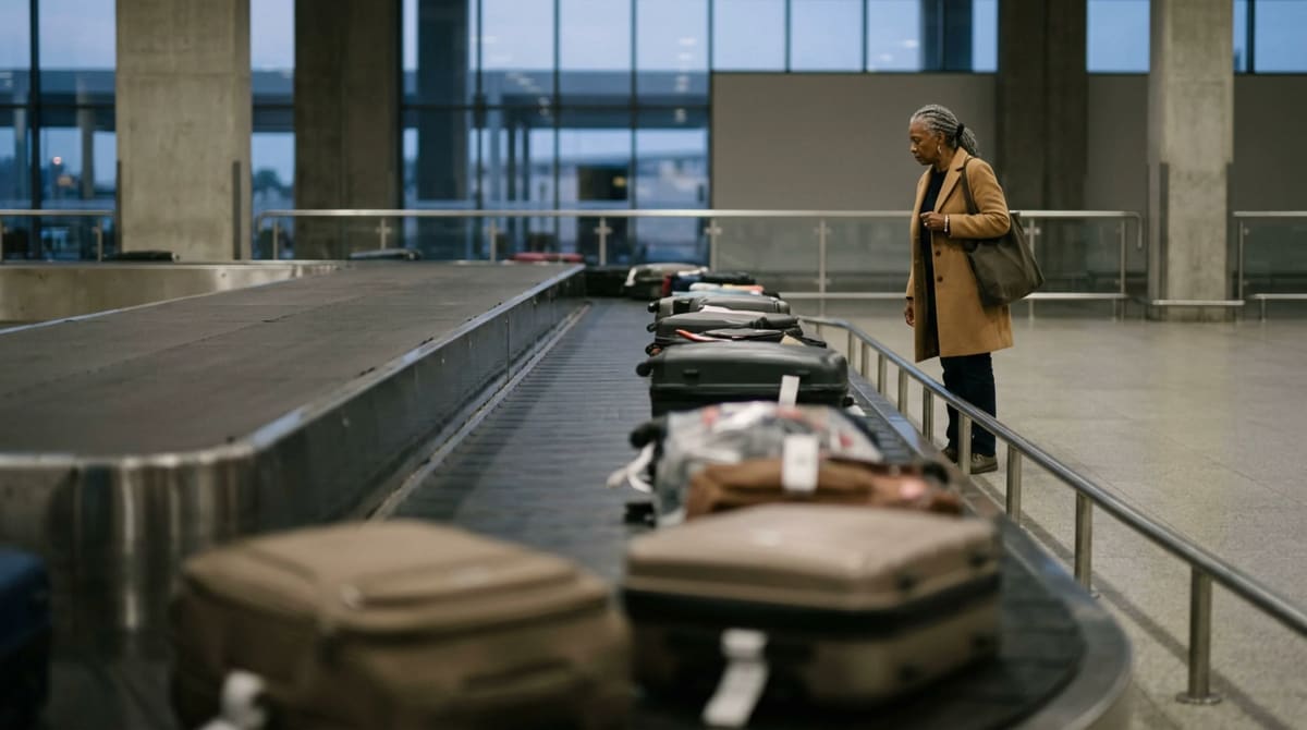 Traveler with a tote standing at the far end of a long baggage belt at an uncrowded baggage claim