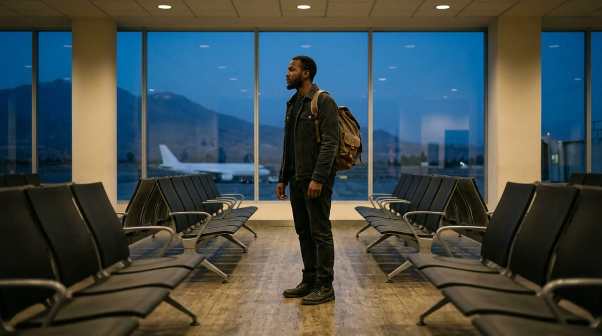 Traveler with a backpack standing in the aisle between empty gate seats, turning toward the tall window