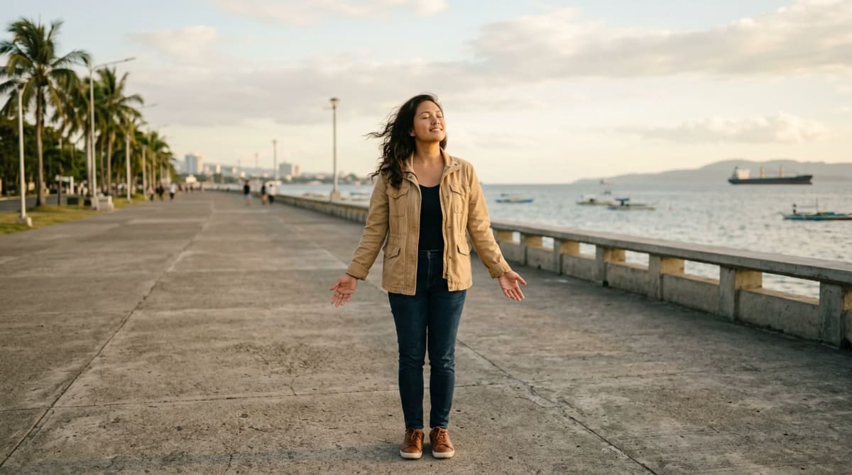 Traveler standing on a wide waterfront promenade with arms loosely out, face turned to the sea breeze