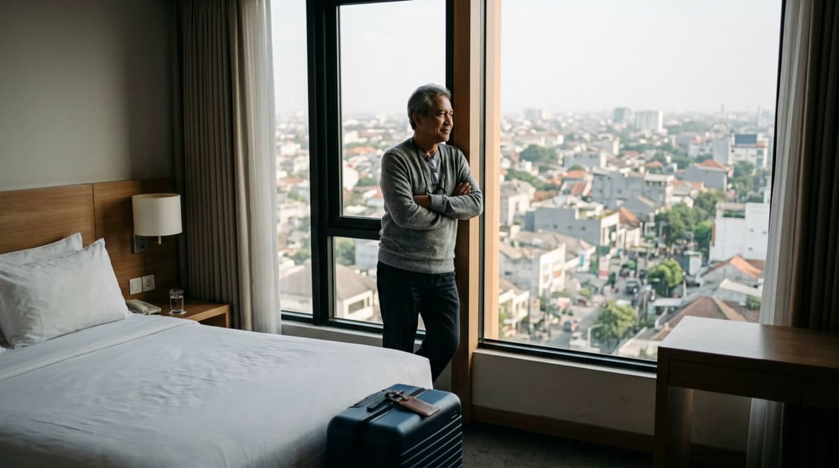 Traveler leaning against a tall hotel-room window frame, looking out over the city