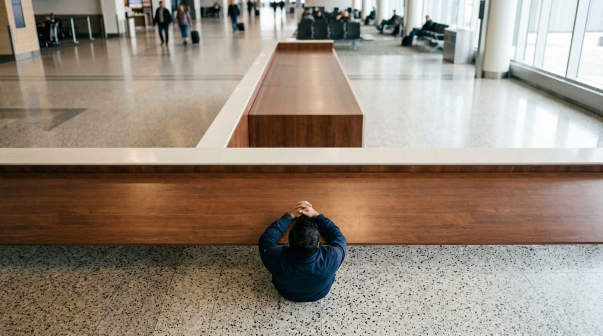 Traveler resting both forearms on an empty airport rental-car counter, seen from directly above
