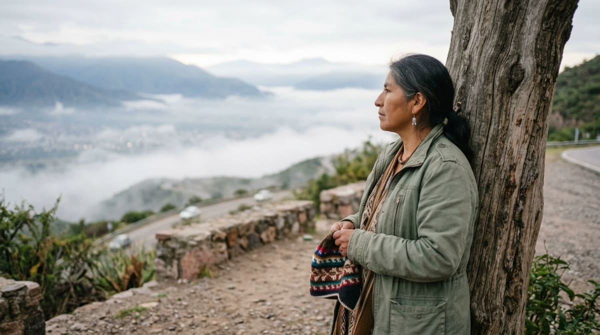 Traveler resting a shoulder against a roadside tree at a quiet pullout, looking out over the valley