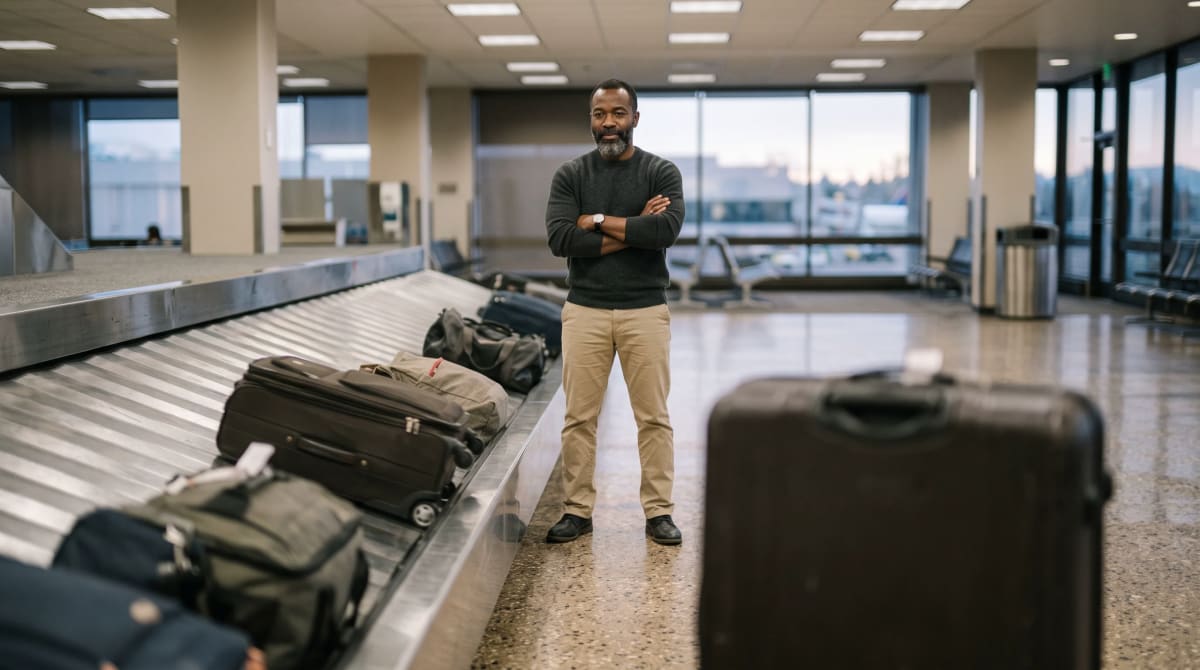 Traveler watching a moving baggage belt from the opposite side