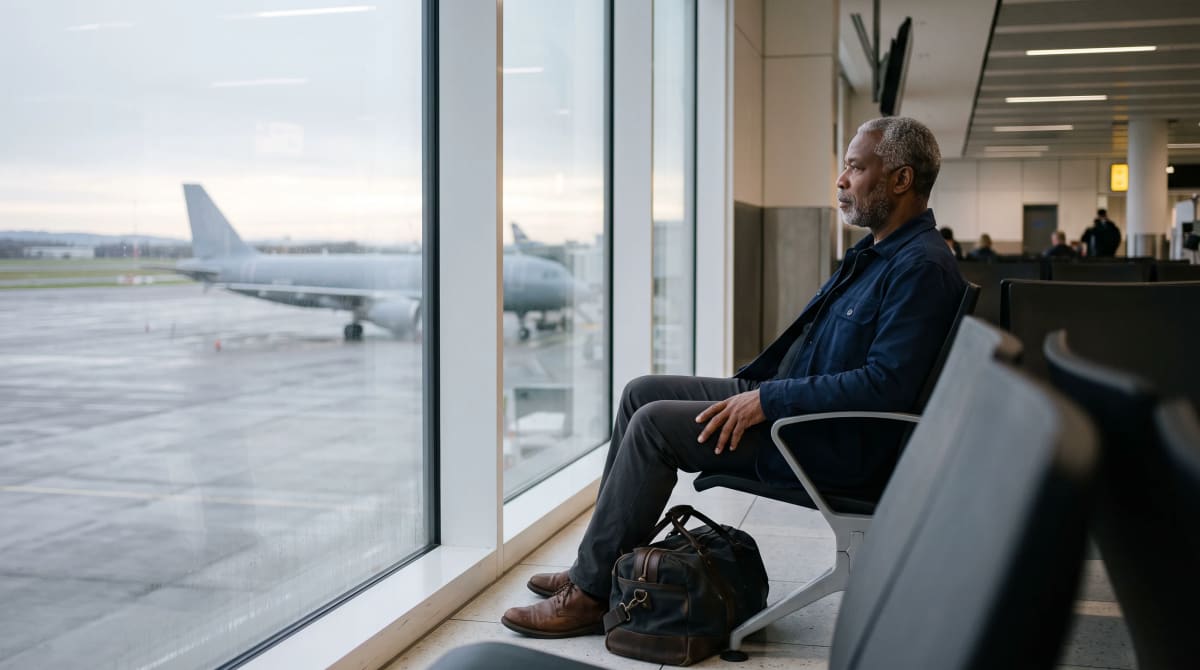 Traveler seated beside a gate window with a small bag at the feet