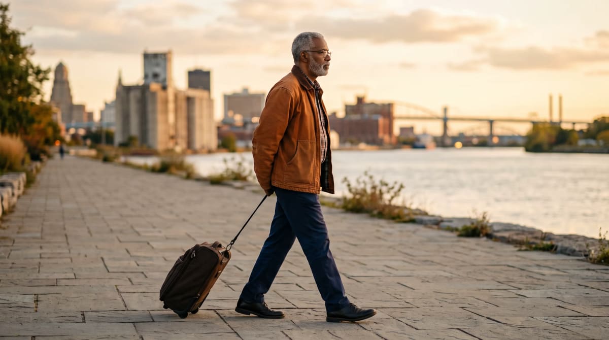 Traveler walking a waterfront path with hands clasped behind the back