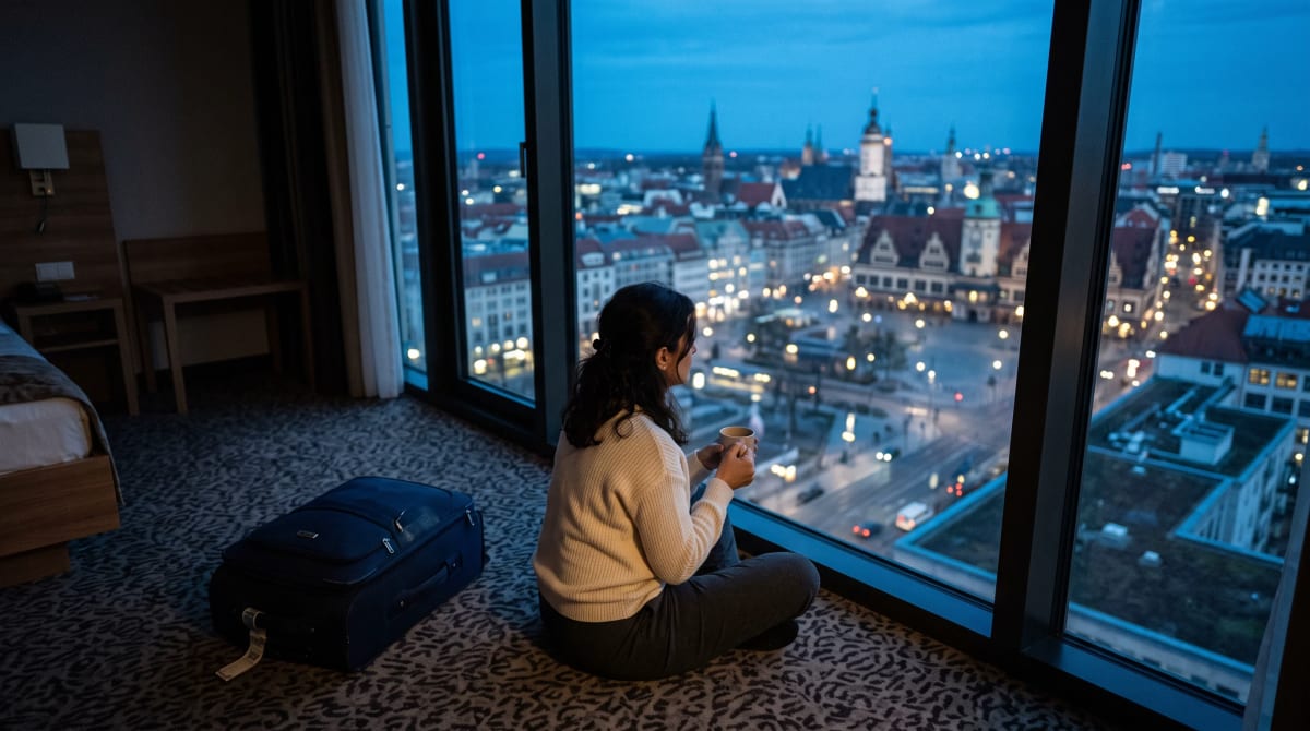 Traveler sitting on a hotel-room carpet facing a window at blue hour