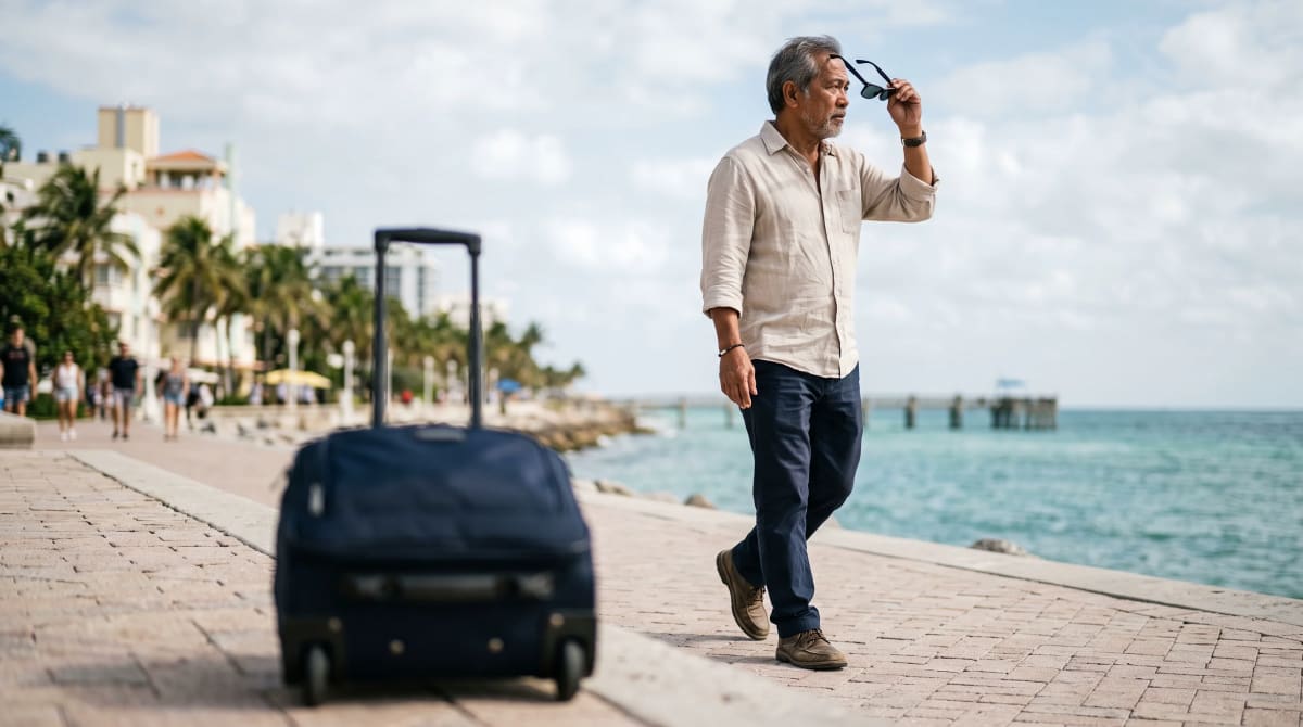 Man pausing on a Miami Beach promenade to look at the water