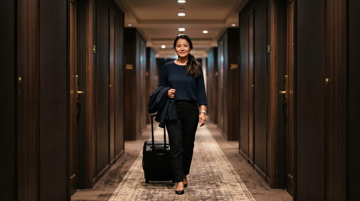 Woman walking a quiet Kyoto hotel corridor with a roller bag