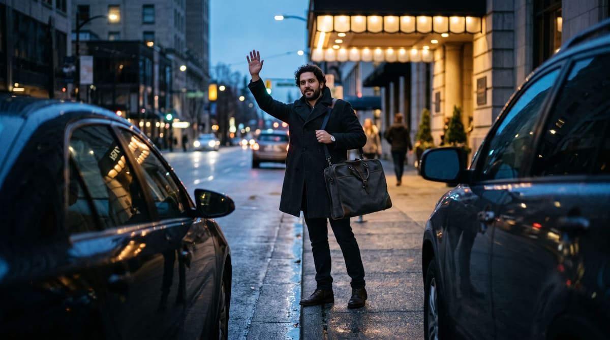 Man hailing a car at a Vancouver hotel curb at blue hour