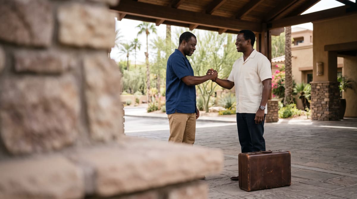 Two brothers shaking hands goodbye under a Scottsdale resort canopy
