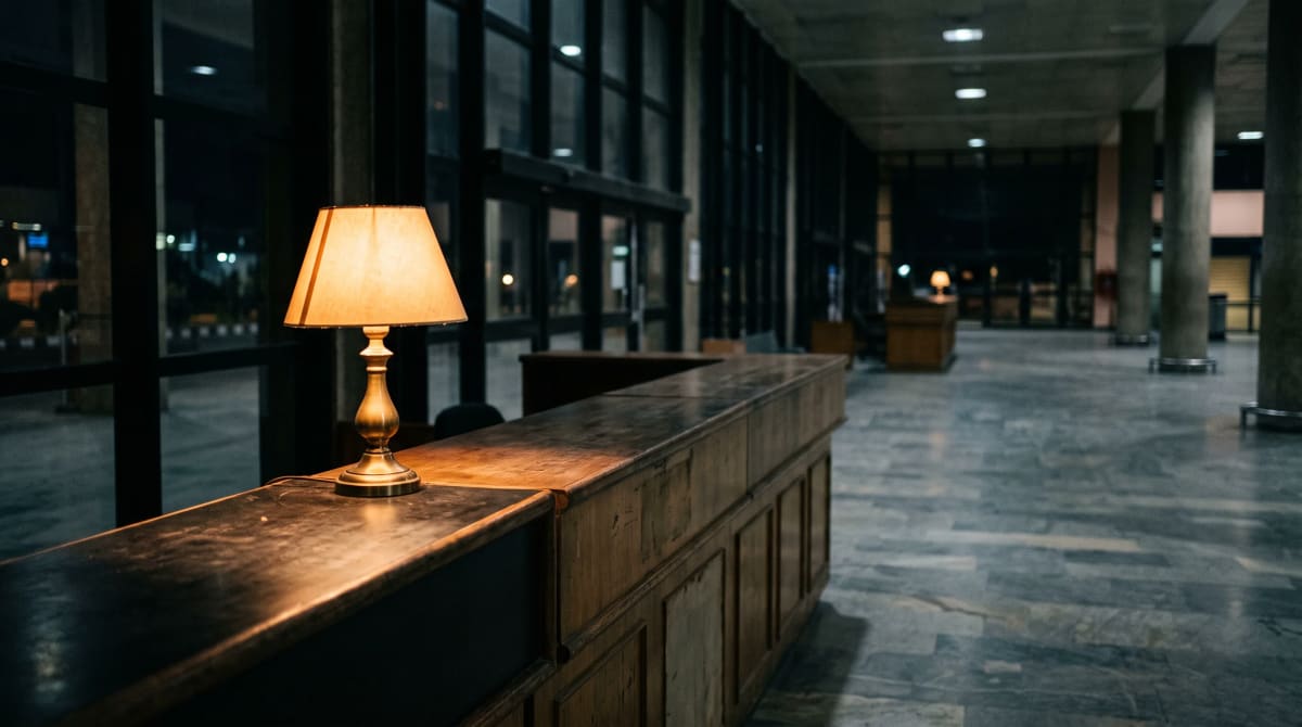 Empty airport rental car counter with one lit desk lamp in a quiet hall in the late evening