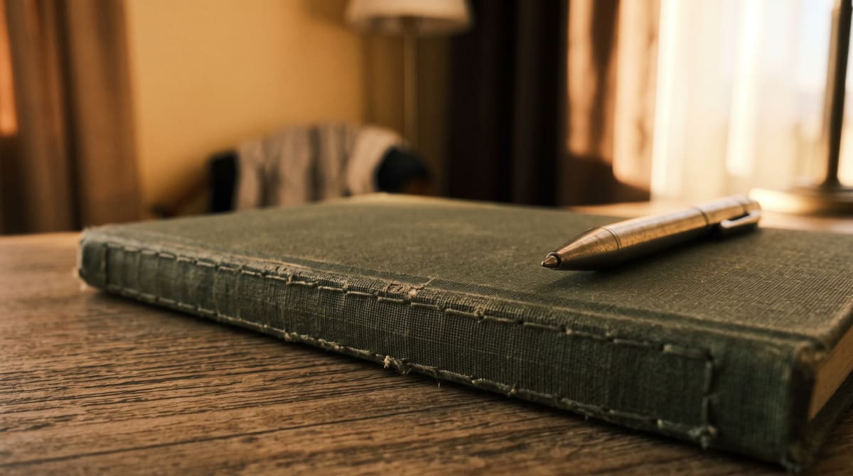 Closed notebook and a pen on a hotel writing desk in warm late-afternoon light