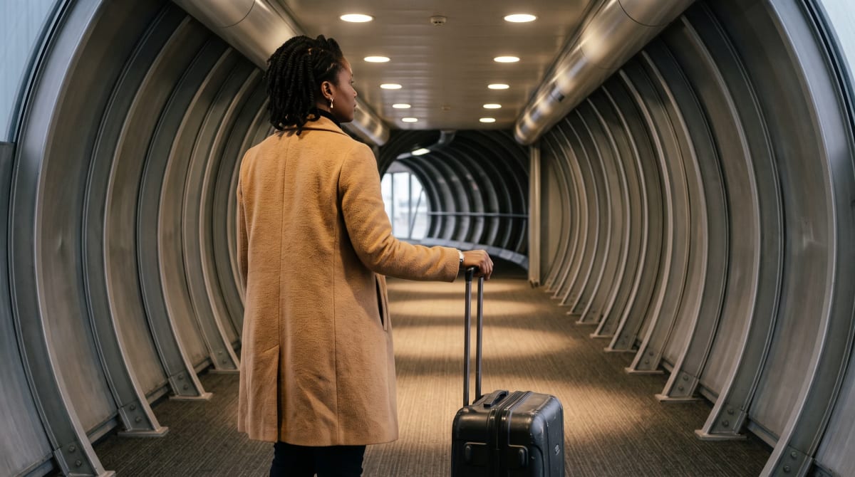 Traveler standing partway along a quiet empty jet bridge beside a closed suitcase in soft recessed light