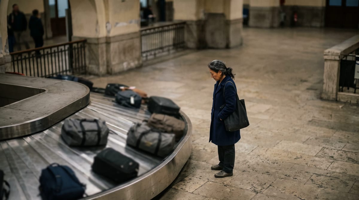 Traveler watching a baggage belt from a high mezzanine